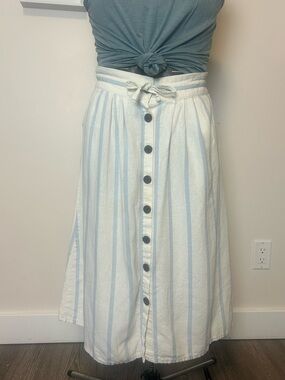 Striped Button-Front Midi Skirt in Light Blue and White